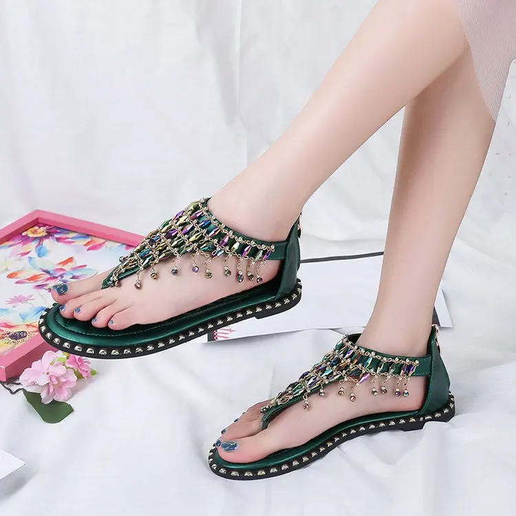 

Sandals Women's Net Red Diamond Fairy Flat Sandals 2021 New Clip Foot Roman Bohemian Sandals Comfortable Fashion Women's Shoes