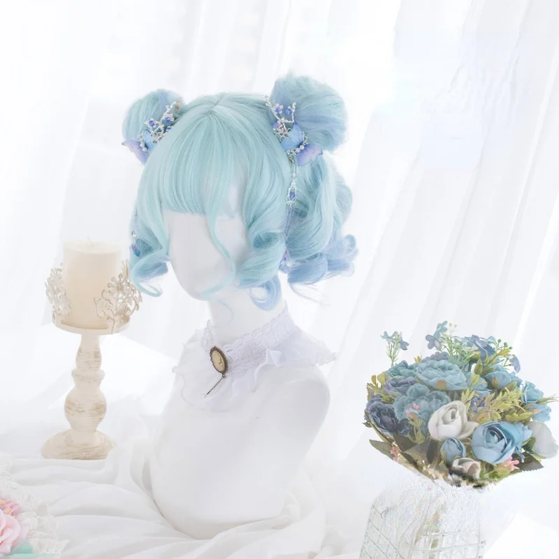 

Lolita Soft Girl Gradient Short Curly Hair Female Round Face Wig Blue Cute Hair Bag Halloween Cosplay Wig Cosplay Accessories
