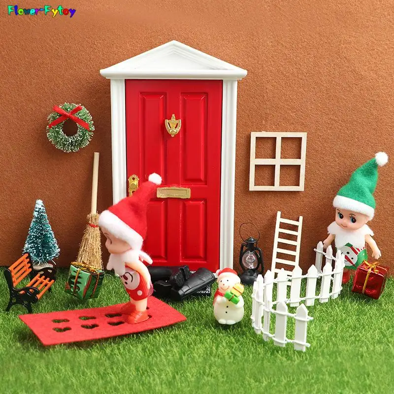 1Set 1:12 Dollhouse Miniature Christmas Ornament Elf Door Sled Wreath Doll Bench Christmas Scene Decor Toy