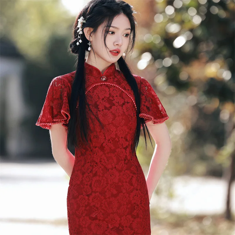 Summer Sexy Embroidery Lace Cheongsam Classic Elegant Beaded Trim Flying Sleeve Women's Chiffon Qipao Chinese Daily Dress