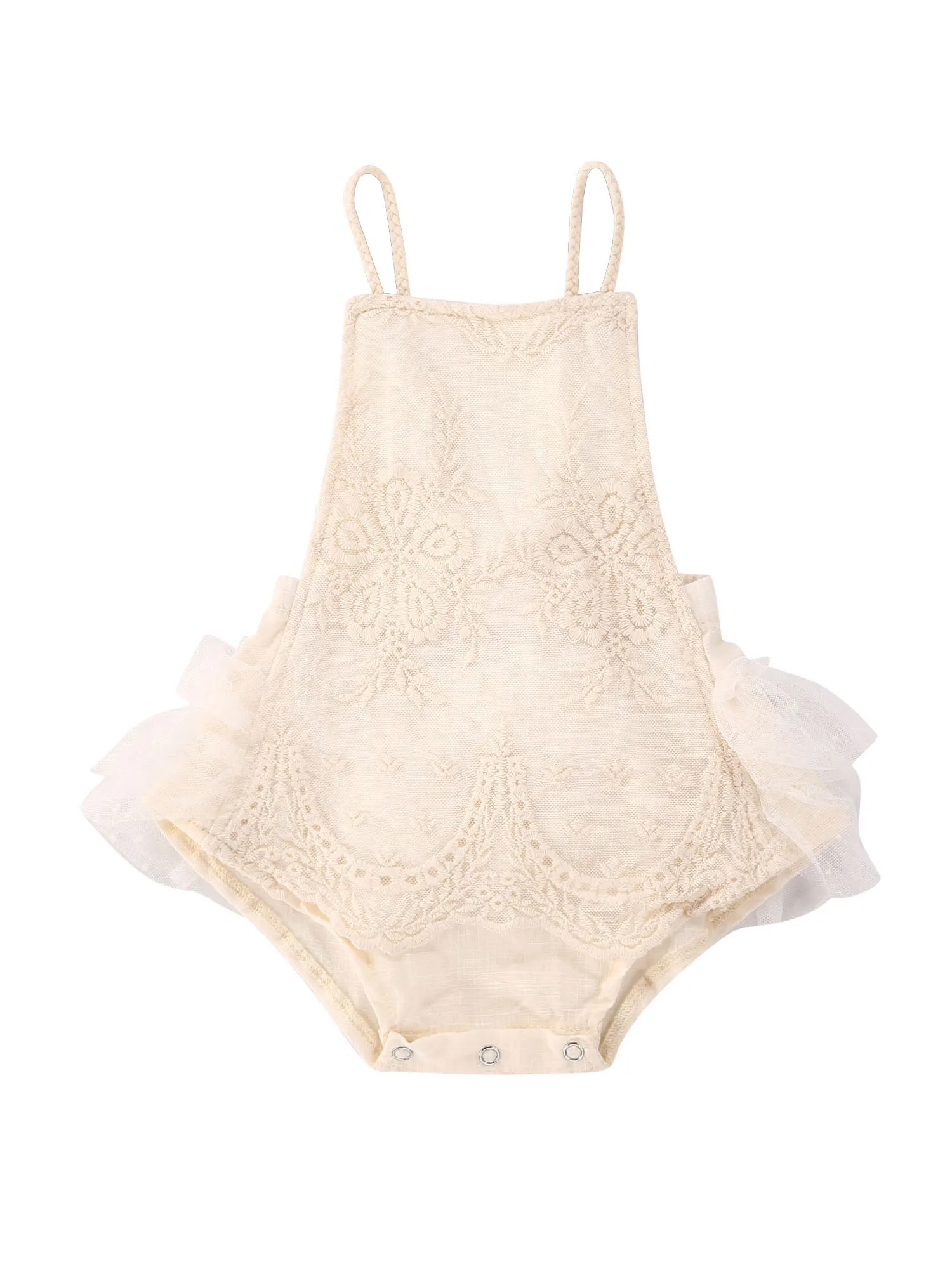 

Toddler Girls Floral Print Sleeveless Romper Lace Embroidery Backless Jumpsuit with Bowknot Detail