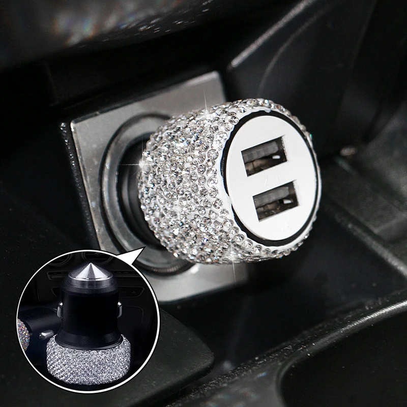 

Diamond-mounted Car Phone Safety Hammer Charger Dual USB Fast-Charged Diamond Car Phone Aluminum Alloy Car Charger 5 Color