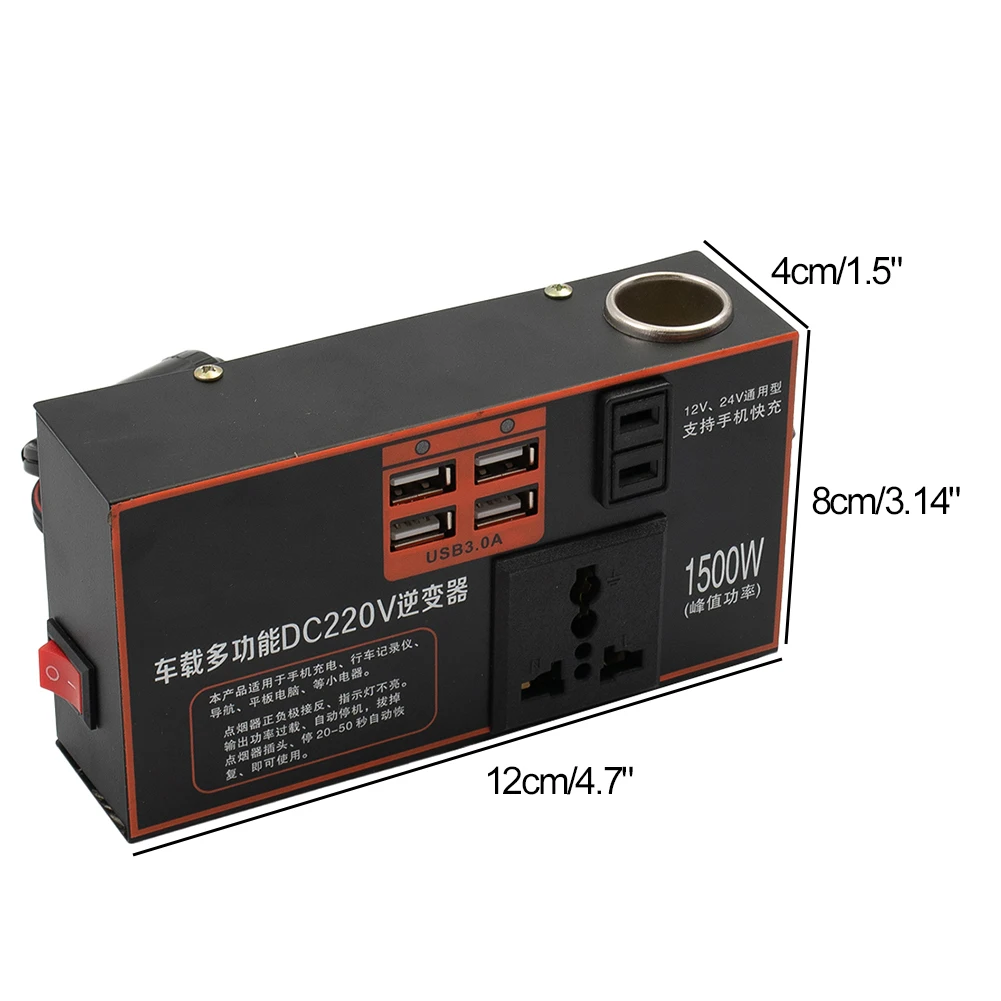 

Car Inverter Booster 1500W Peak DC12V/24V To DC 220V Sockets For Car Appliances Power Inverter With 4 USB QC Port
