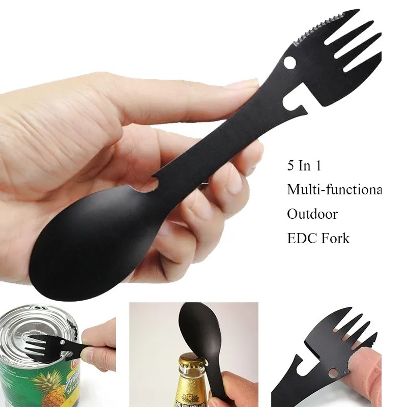 

Outdoor Survival Tools 5 in 1 Camping Multi-functional EDC Kit Practical Fork Knife Spoon Bottle/Can Opener