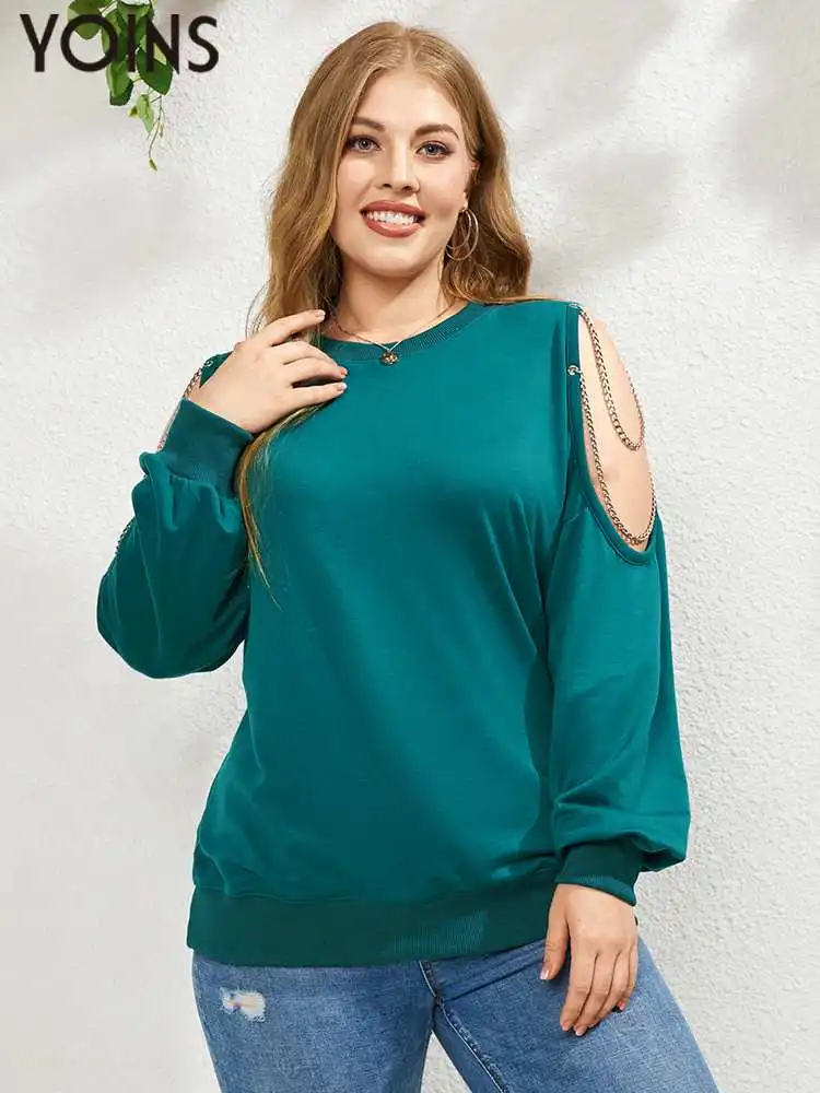 

YOINS 2023 Women Sweatshirts Plus Size Hoodies Solid Fashion Chain Long Sleeve Off Shoulder Tops Cut Out Blusas Outwear Tunic
