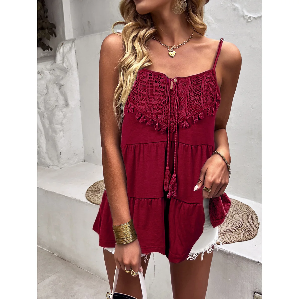 Women's Casual Sexy Loose Vest 2024 Summer Vacation Camisole Collar Flower Knitted Tops Damen Oberteil Топ Женский Летний