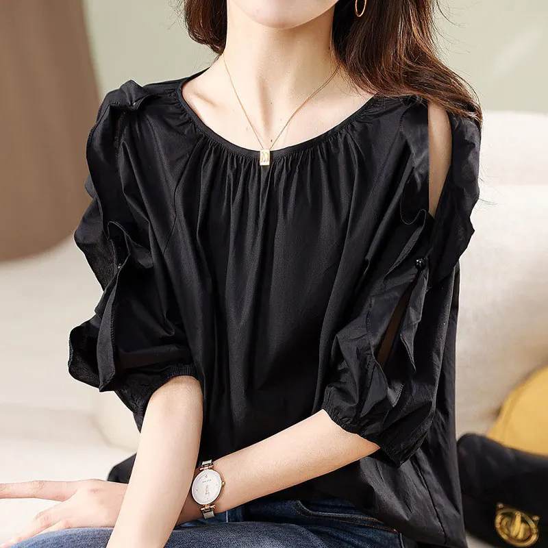 Повседневная однотонная блузка с оборками и разрезом стильная женская одежда