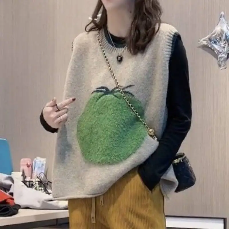 

Женский свитер с мультяшным принтом томатов, жилет без рукавов, корейская мода, уличная одежда, Свободный Повседневный пуловер, свитер, зимн...