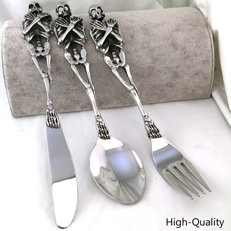 HQ stainless steel skull fork spoon knife tableware cutlery spoon fork sets dining forks bento accessories kitchen goods garfo