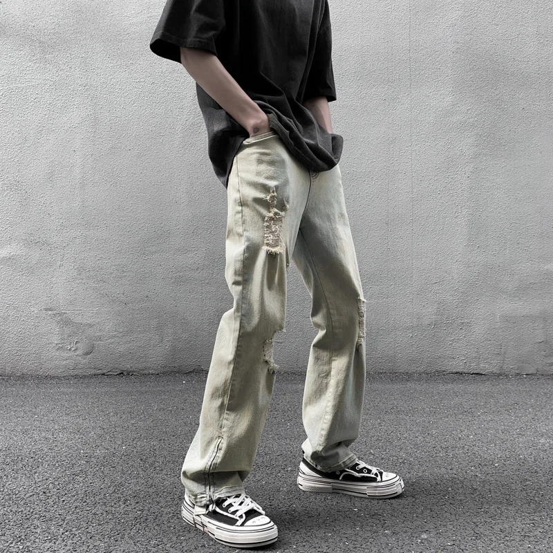 Blue/Black Hripped Jeans Men Slim Fashion Casual Straight Jeans Men Streetwear Loose Hip Hop Hole Denim Pants mens Trousers