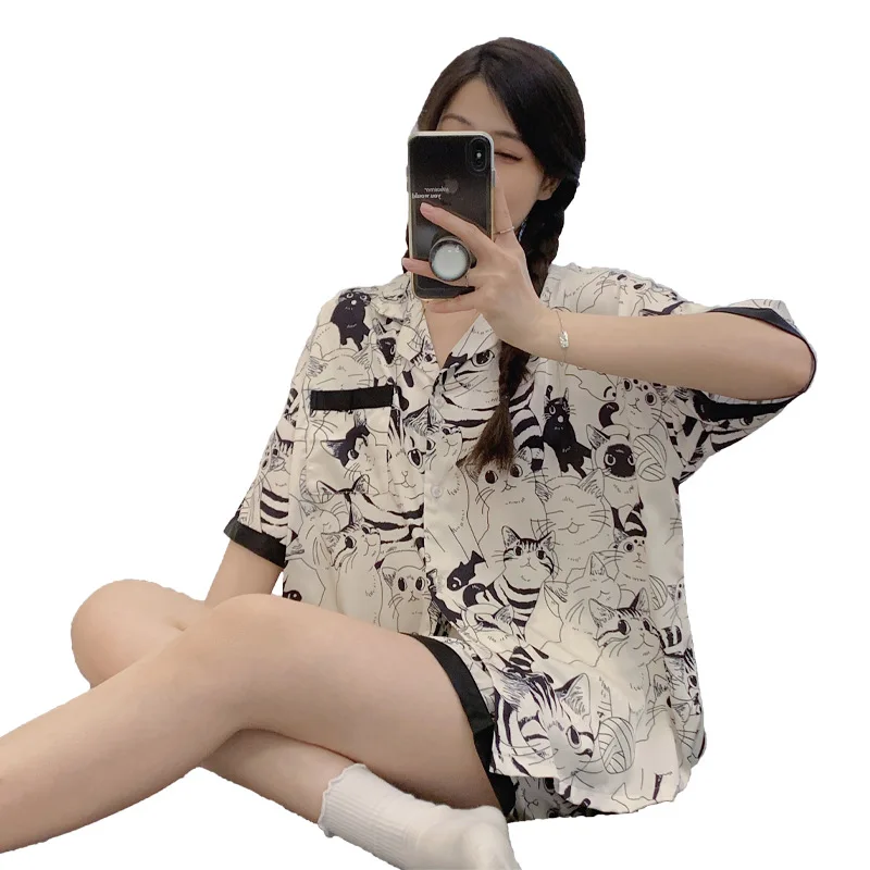New summer pajamas female thin model imitation cotton short sleeve shorts cardigan lapel leisure home clothes set