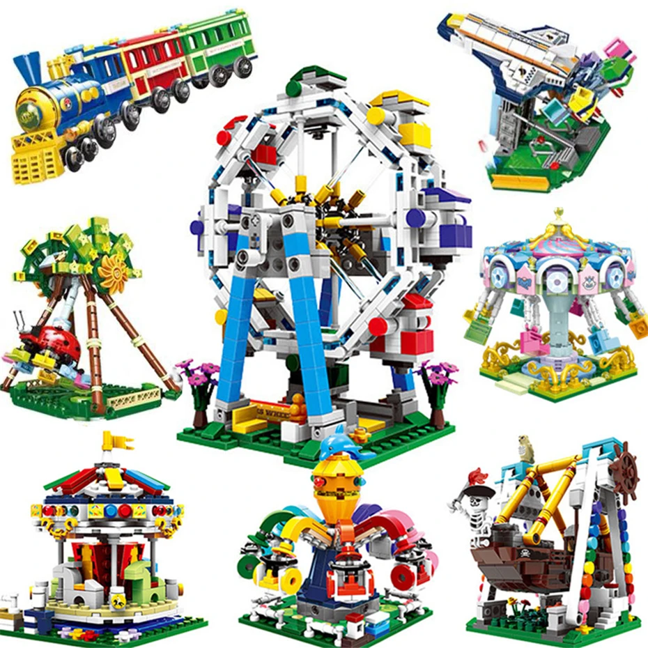 

City Amusement Park Series Ferries Wheels Train Merry-go-round Pirate Ship Building Blocks MOC Bricks Playground Toys