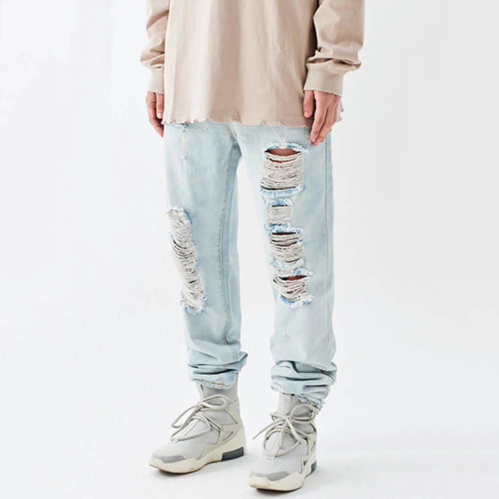 High Street Men Casual Oversize Jeans Men Hip Hop Denim Pants Male Korean Style Streetwear Straight Hole Harajuku