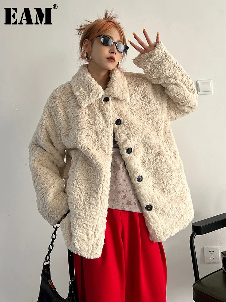 

[EAM] свободный крой, хаки, овечья шерсть, большой размер, Толстая теплая куртка, новая женская куртка с отворотом и длинным рукавом, модное осе...