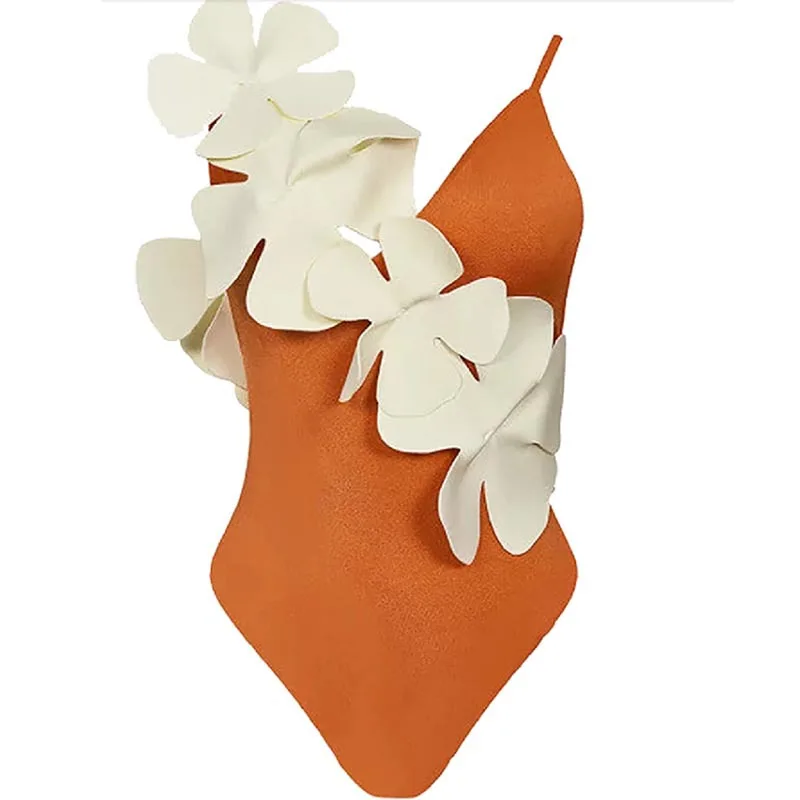 

2023 Solid Color New European and American Women's Swimwear Flower Shape Decoration Asymmetric 3D Flower Swimwear