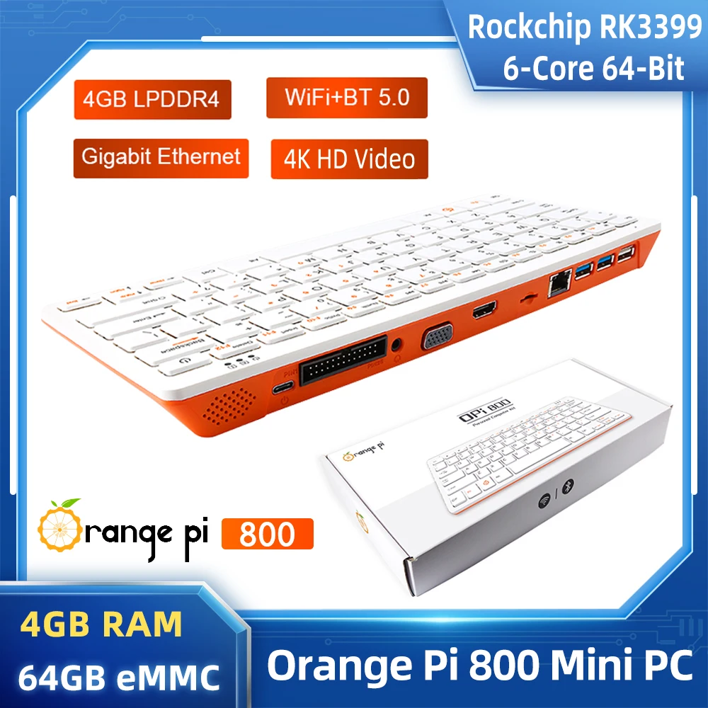 

Мини-ПК Orange Pi 800, 4 + 64 ГБ, EMMC 64 бит, Rockchip RK3399 SoC 4K HD, беспроводной Wi-Fi + BT 5,0 клавиатура, дополнительный источник питания