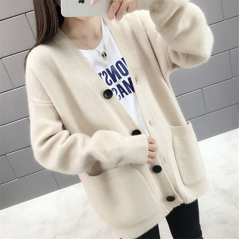 

Spring Fashion Solid Color Knitted Cardigan Women Slim Short Sweater Jumper Ladies V Neck Big Pocket Knitwear Jacket Coat Female
