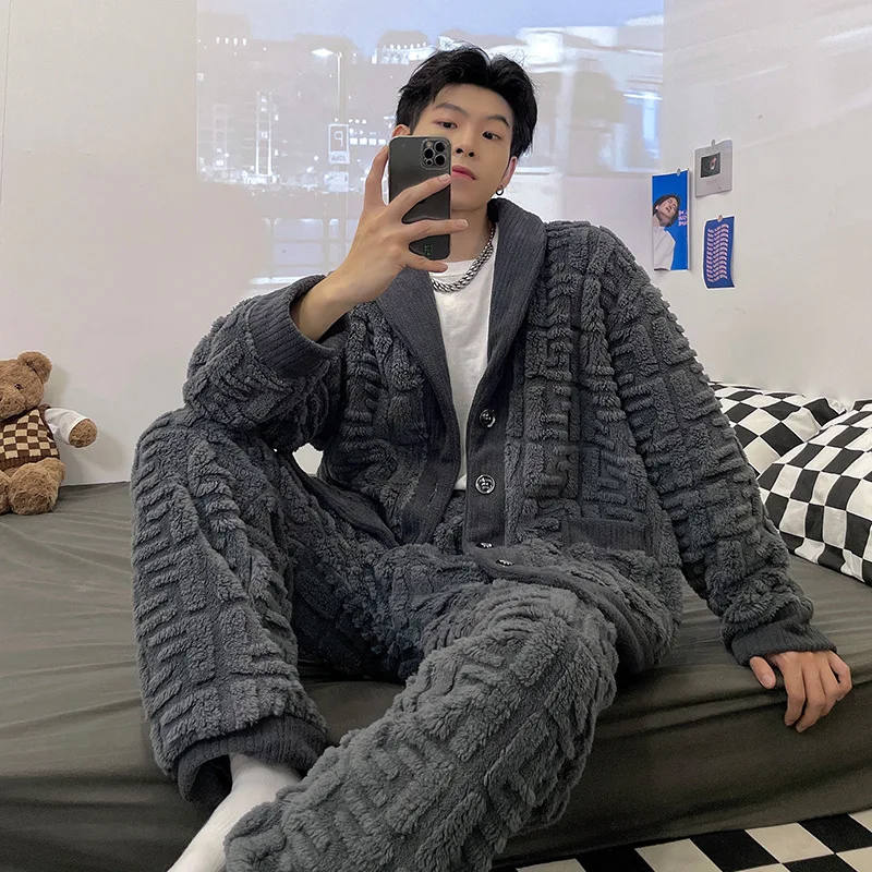 Pajamas Autumn Winter Flannel Warm Sleepwear Men Thicken Home Clothes Lounge Nightgown Leisure Men's Pajama Sets Dressing Gown