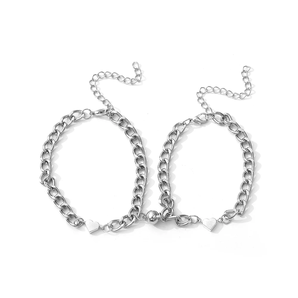 

New Arrival 2Pcs Punk Couple Bracelet For Women Men Magnetic Silver Color Best Friend Cuban Chains Jewelry Gift Pulseras Mujer