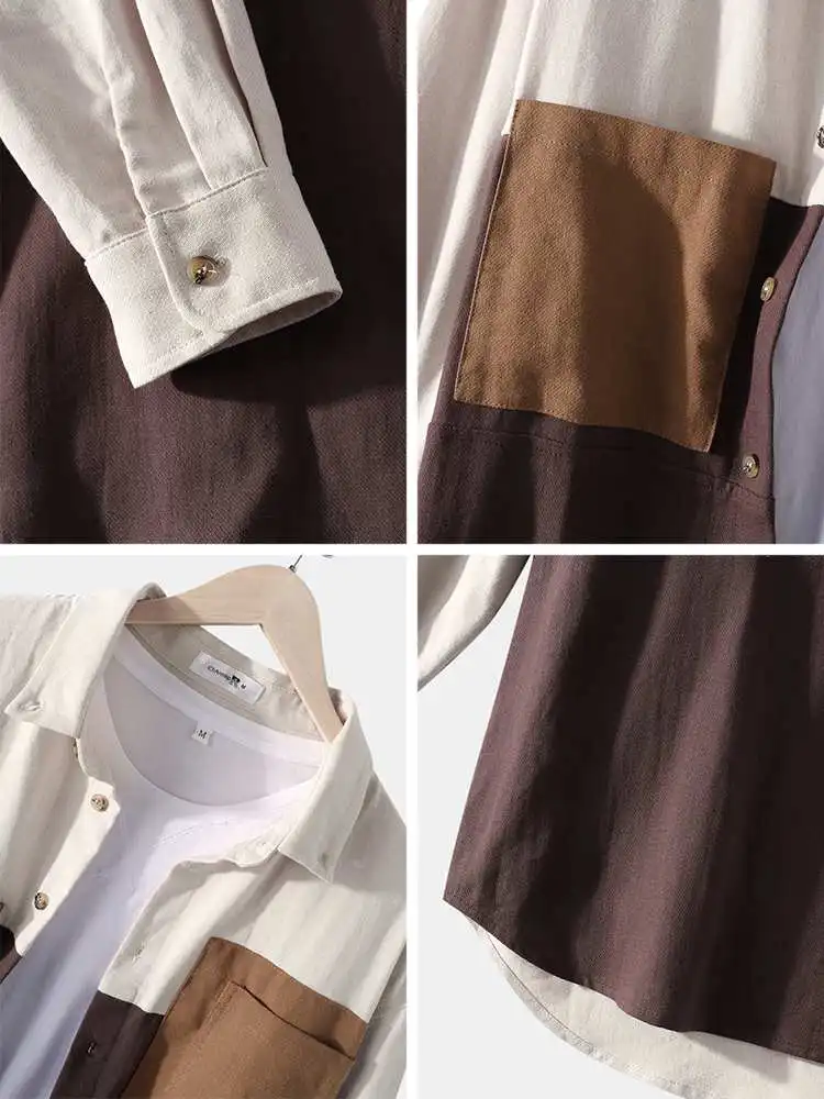 CharmkpR Tops 2023 Men's Cotton Colorblock Patchwork Loose Blouse Casual Streetwear Male Chest Pockets Long Sleeve Shirts  S-2XL