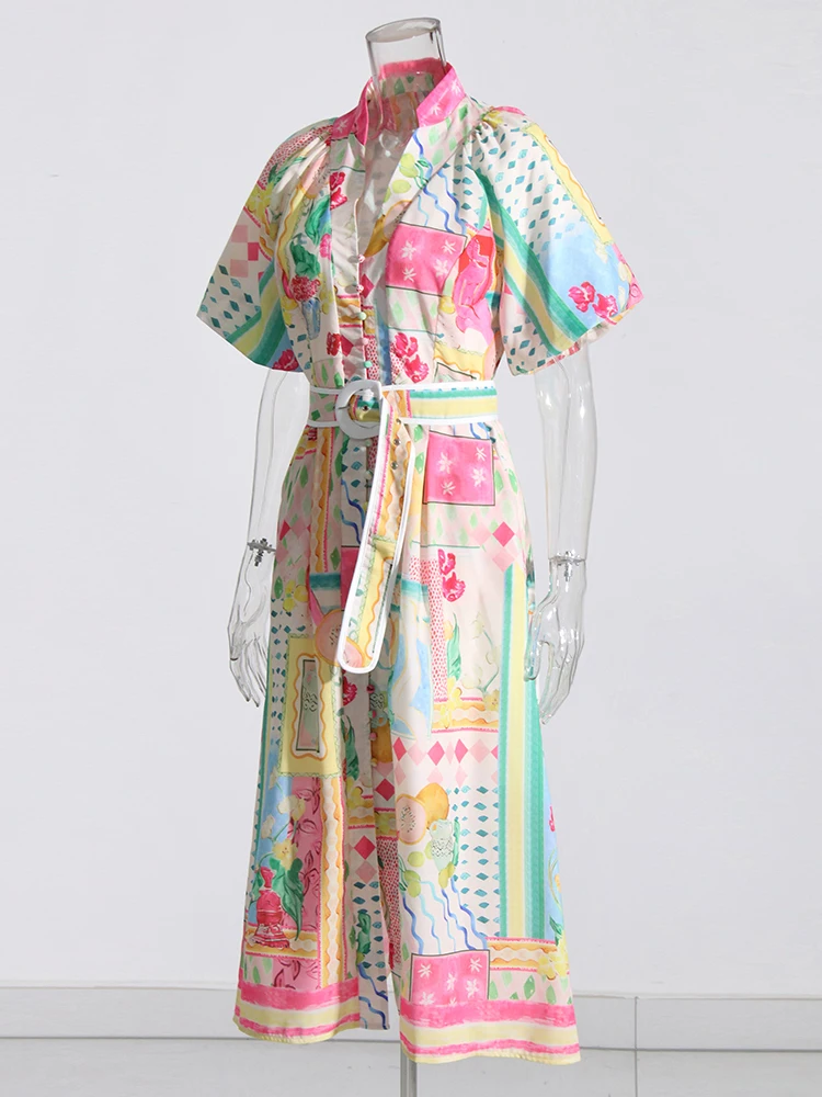 

M GIRLS Print Dresses For Women V Neck Half Sleeve High Waist Folds Tunic Temperament Dress Female Fashion Clothing 2023