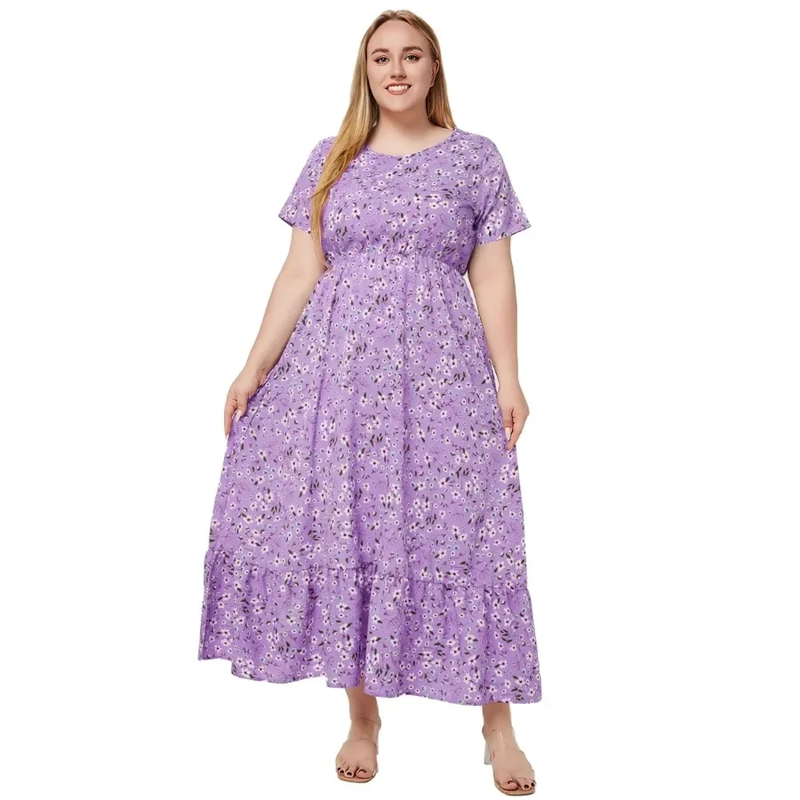 Plus Size Floral Print Short Sleeve O Neck Pockets Bohemian Summer Holiday Beach Dresses For Women
