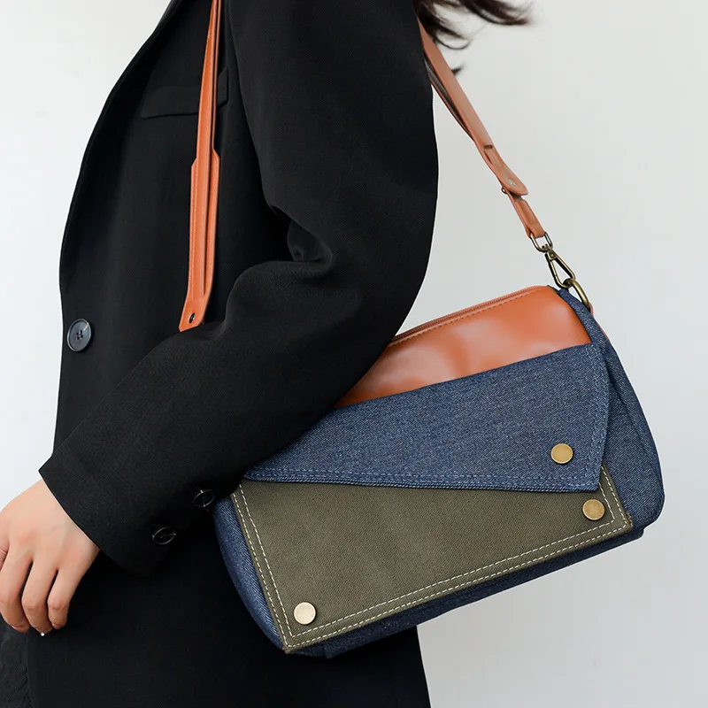 Contrast Color Fashion Women Crossbody Bags Denim Leather Splice Single Shoulder Messenger Bag Commuting Tote Satchel Versatile