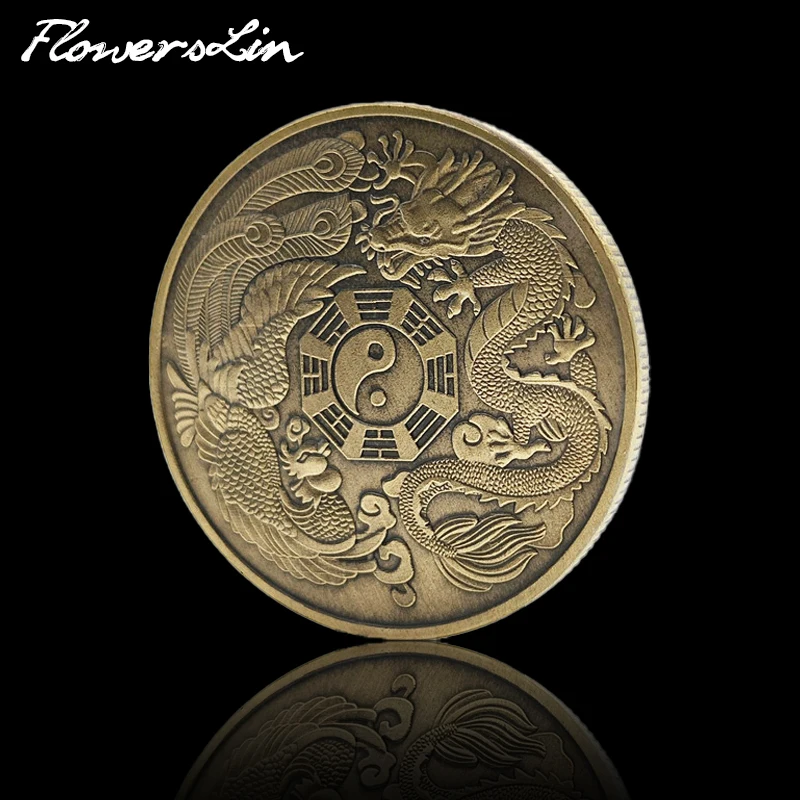 2023 New 1oz Dragon Phoenix Commemorative Coin Tai Chi Eight Diagrams Challenge Coin Retro Bronze Coin Copper Plated Collectible
