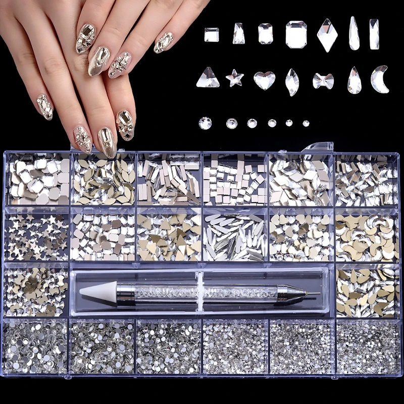 2800pcs Wholesale Nail Art Rhinestones Set Crystals Stones Decoration Design Flatback Nail Art Fancy Rhinestones With 1 Nail Pen