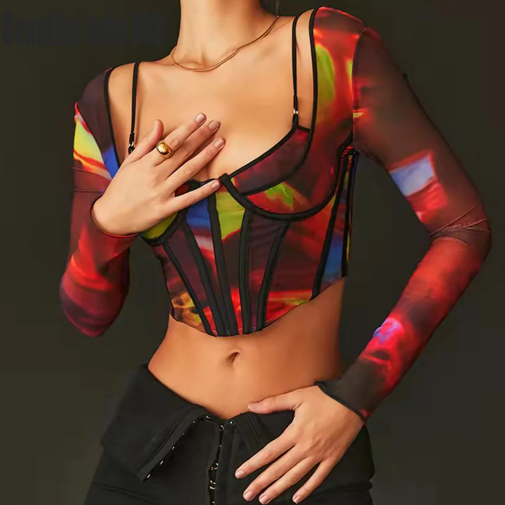 

Meqeiss New Female Fashion Printed Long Sleeve Tops Shirts Sexy Strap Underwired Padded Backless Boning Corset Blouse Crop Tops