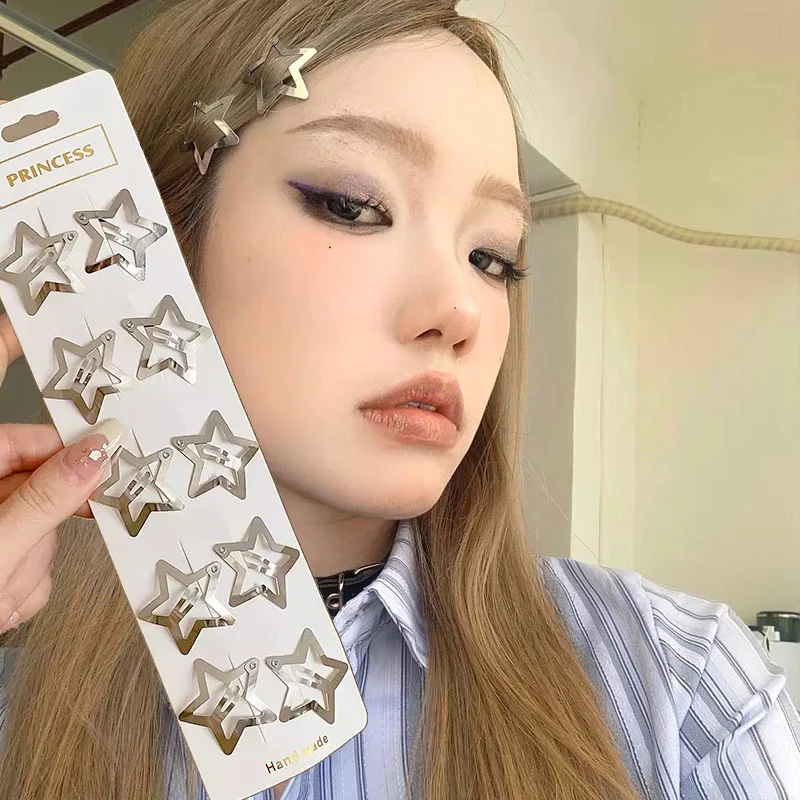 

50Pcs/100Pcs Silver Star BB Hairclips Y2K Barrettes Cute Fashion Metal Snap Clip Headdress Hair Jewelry Accessories Styling Tool
