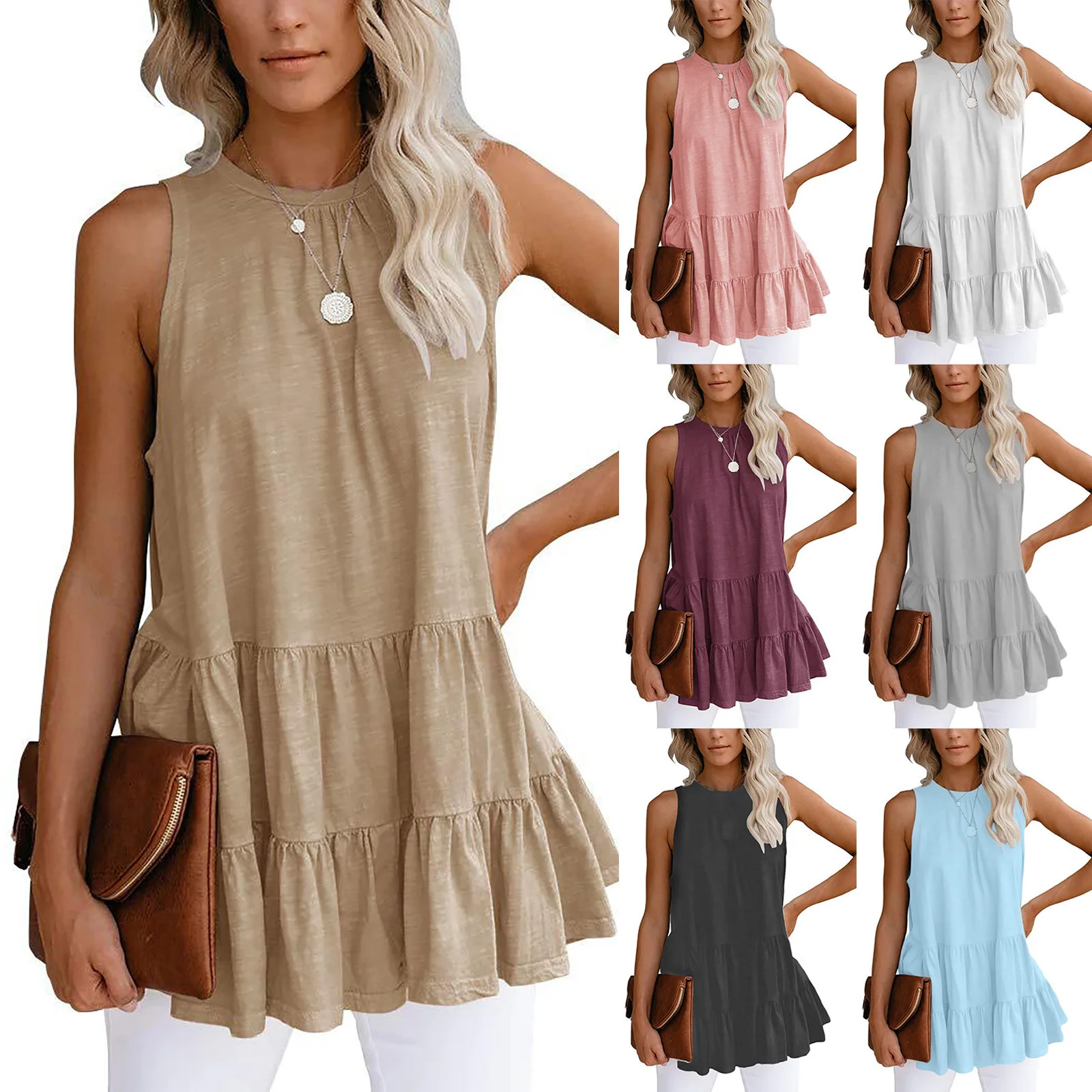 

2023 Summer New Women's Solid Pullover Round Neck Pleated T-shirt Sleeveless Tank Top