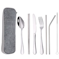 stainless steel portable tableware 7 piece set steak knife and fork straw chopsticks spoon picnic tableware set