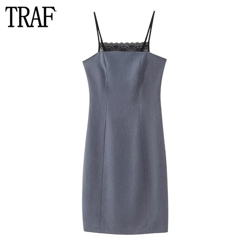 

TRAF 2023 Lace Slip Dress Woman Bodycon Mini Dress Women Sexy Backless Party Dresses for Women Thin Straps Slit Female Dress