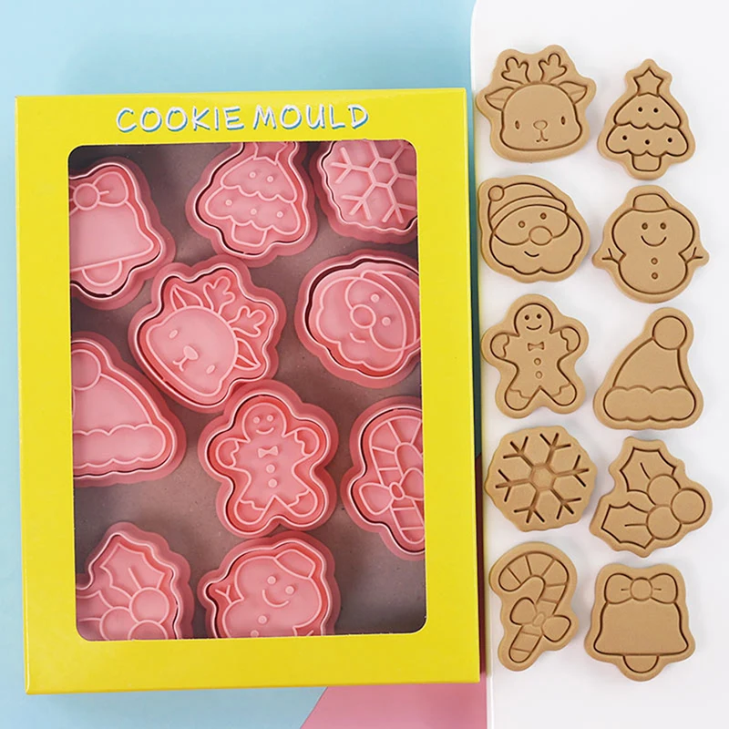 

10pcs/set Christmas Cookie Cutters Cartoon Santa Snowman Tree Elk Shape Biscuit Mould Cookie Stamp Kitchen Baking Pastry Mold