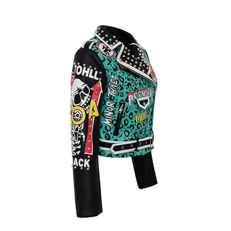 Women's spring and autumn new high street hip-hop rock punk fun leopard pattern graffiti print rivet belt leather jacket spot