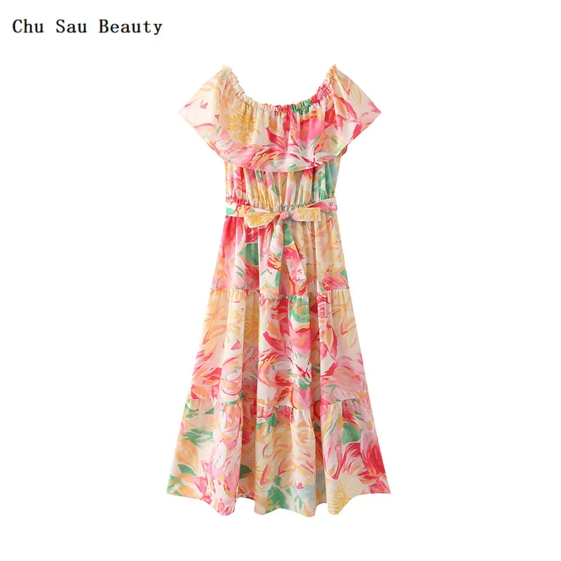 

Chu Sau Beauty 2022 New Women Flower Color Print Word Neck Midi Dress Summer Fashion Holiday Style Elegant&Comfortable Dress
