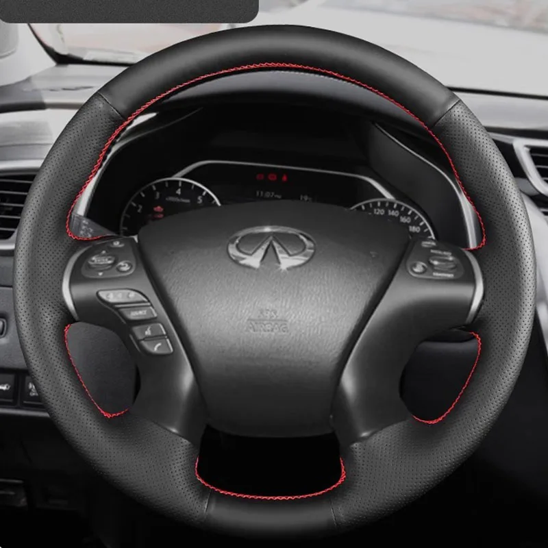 Сшитый вручную нескользящий черный чехол на руль из натуральной кожи для Infiniti JX35