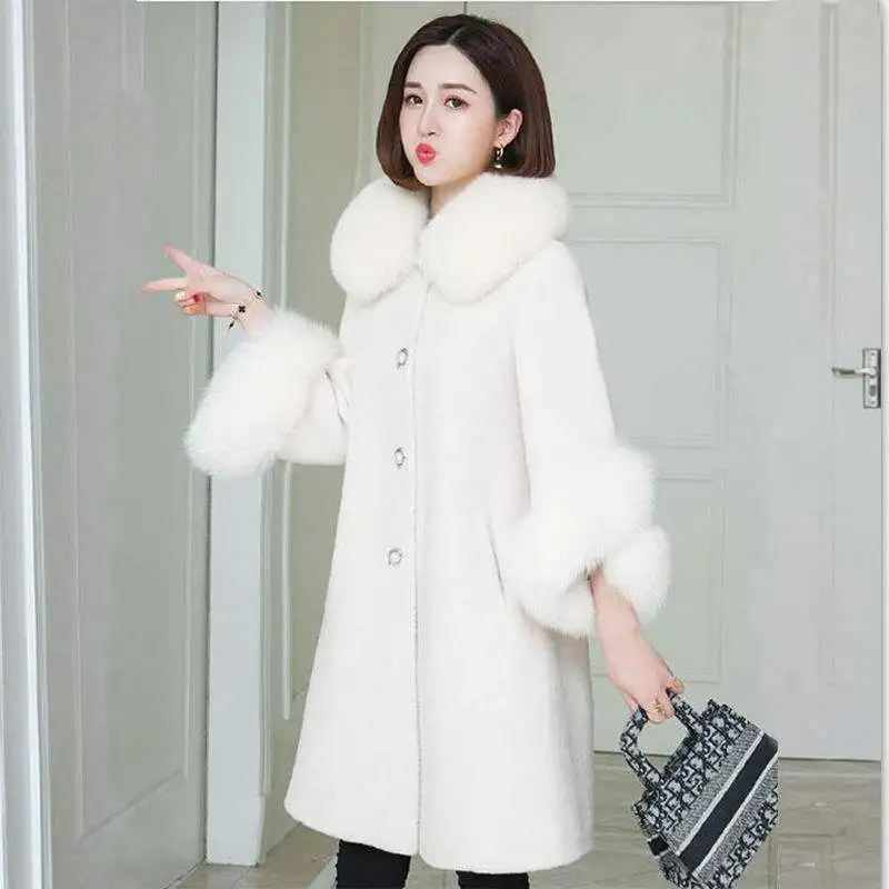 

2022 Winter Women's Thick Warm Faux Mink Fur Outerwear Middle Aged Female Faux Fur Coats with Fox Collar Oversized Elegant Lady