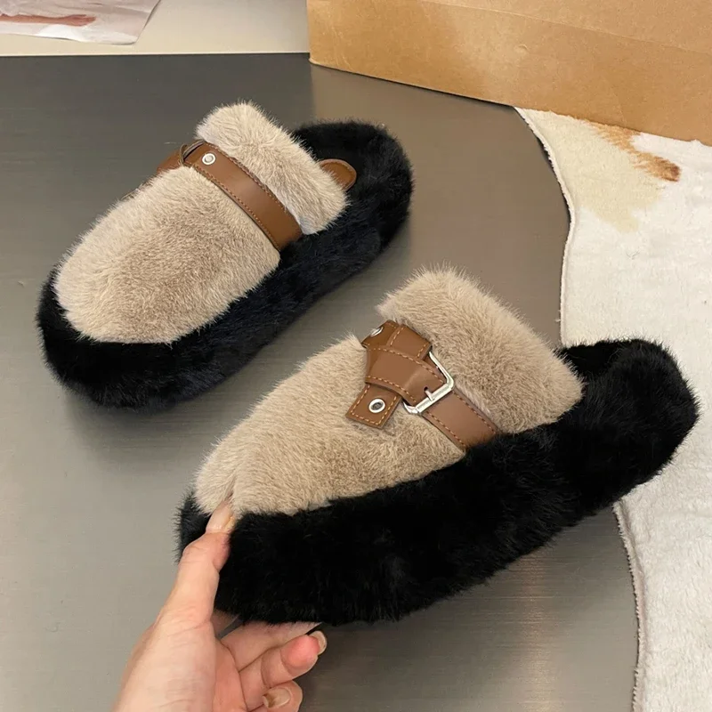 

Женские меховые шлепанцы на плоской подошве, домашние теплые шлепанцы на платформе, повседневная обувь, зимние женские прогулочные дизайнерские плюшевые шлепанцы с ремешком на пятке, 2024