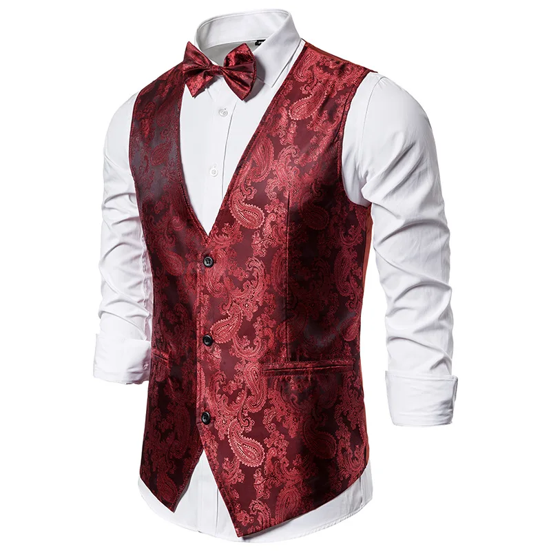 

Prom Fashion Party Gilet Vest Mens Red 2023 Sleeveless Hipster Paisley Suit Steampunk Vests Tuxedo Wedding Waistcoat Men Disco