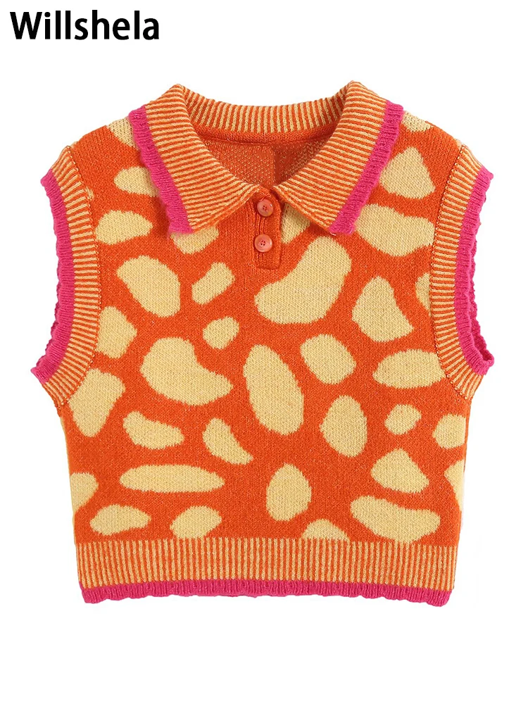 

Willshela женский модный жаккардовый вязаный жилет винтажный воротник поло без рукавов шикарный женский пуловер, свитер