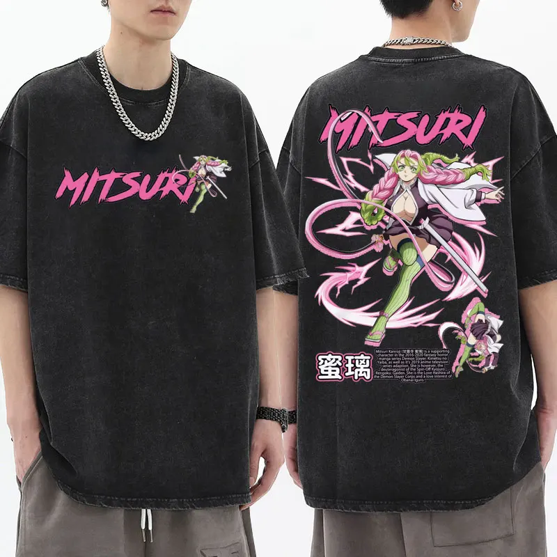 

Hot Anime Demon Slayer Kanroji Mitsuri T-shirt Kimetsu No Yaiba Manga Vintage Wash T Shirt Men Women Clothing Fashion Casual Tee