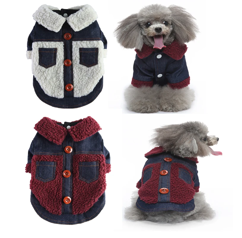 

Pet Winter Cotton Padded Dog Clothes Chest & Back Wooden Button Jacket Luxury Windproof Denim Lambswool Warm Costume Outerwear