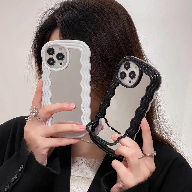 

Cute Candy Colors Wavy Border Makeup Mirror Phone Case For iPhone 11 12 13 Pro Xs Max Xr X Shockproof Hard Cover Hidden Bracket