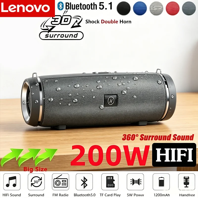 Фото Портативная Bluetooth-колонка Lenovo Outdoor IPX7, водонепроницаемая, 200 Вт, HIFI, стерео сабвуфер, FM-радио, TF, Boom Box №1