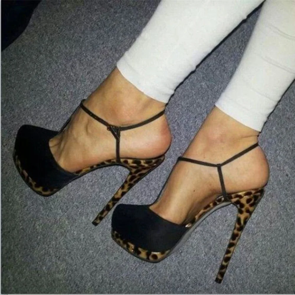 

Graceful Leopard Prinit Heel Women Sandal Shoes Thin Super High Heel Suede Slingback Pumps T-bar Strap Nightclub Party Shoes