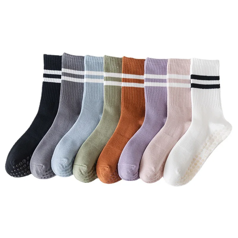 Striped yoga socks women's mid-tube socks non-slip cotton solid color non-slip silicone indoor fitness socks for women