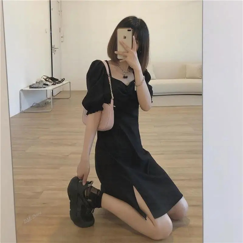 

Vintage French Style Simple High Waist Dress Women Square Collar Holiday Lady Sundress Side-slit Design Pure Summer Sexy Fashion