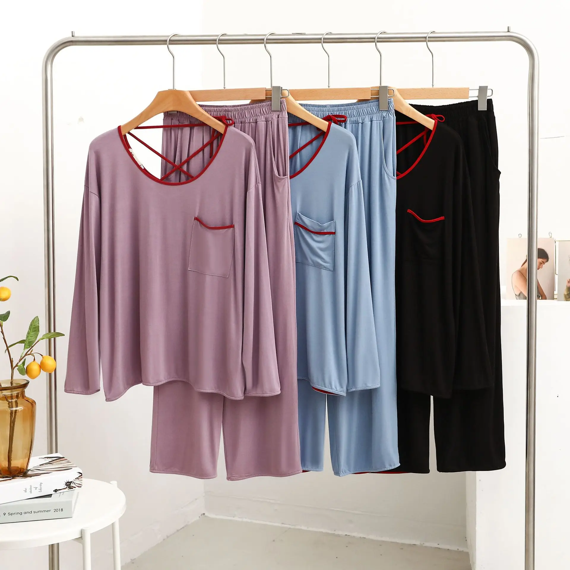 Spring Women Pajamas Set Modal Tracksuit Round Neck Beautiful Back Long Sleeve Pantsuits Red Hemming Loose Casual Outfit 2 Piece